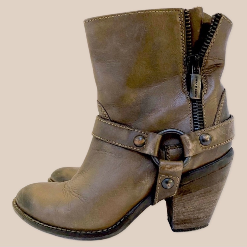 Janet&Janet Leather Cowboy Harness Ankle Boots In Charcoal Brown Color